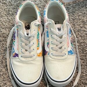 Vans Cream Canvas Low-Top Sneakers with Pastel Floral Panels Missy size 4